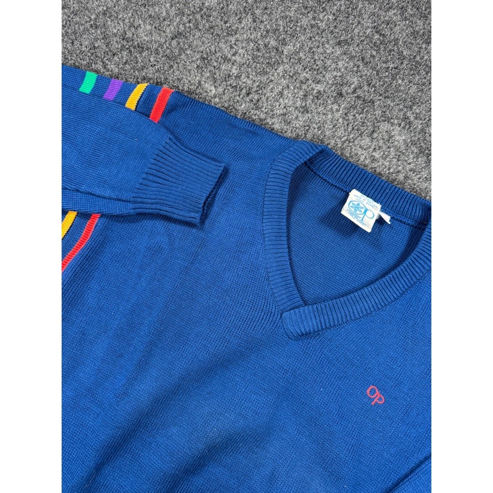 VTG OP Ocean Pacific Sweater Mens M Blue V Neck Striped Shoulder Knit Hong Kong